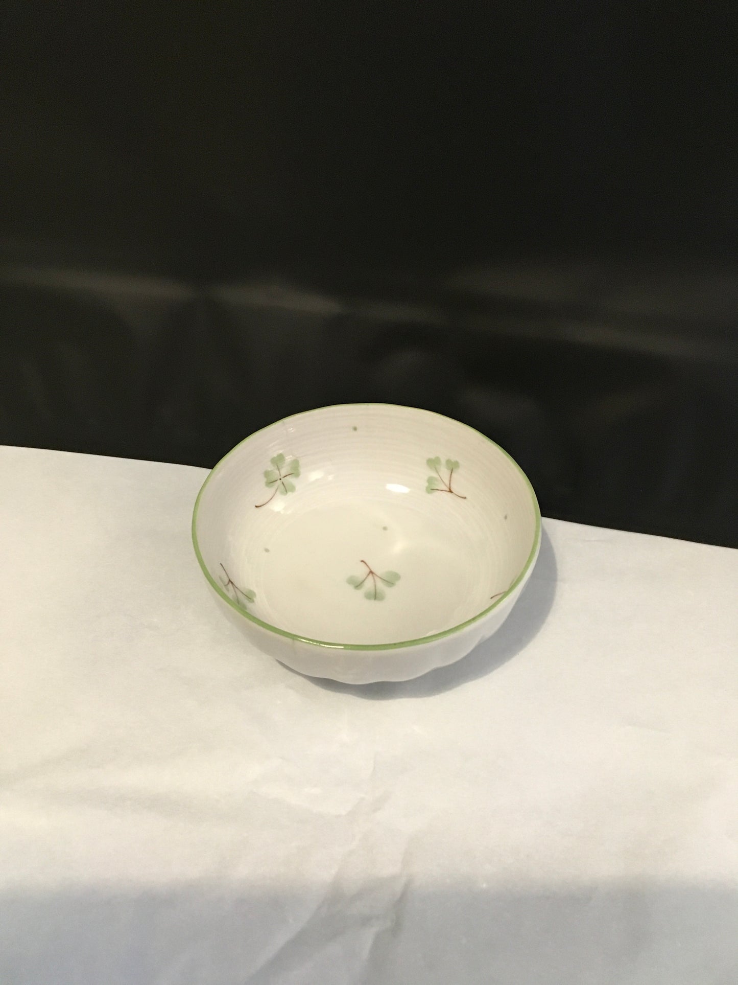 Preloved Japanese Ceramic White Round Bowl with Green and Plant Design