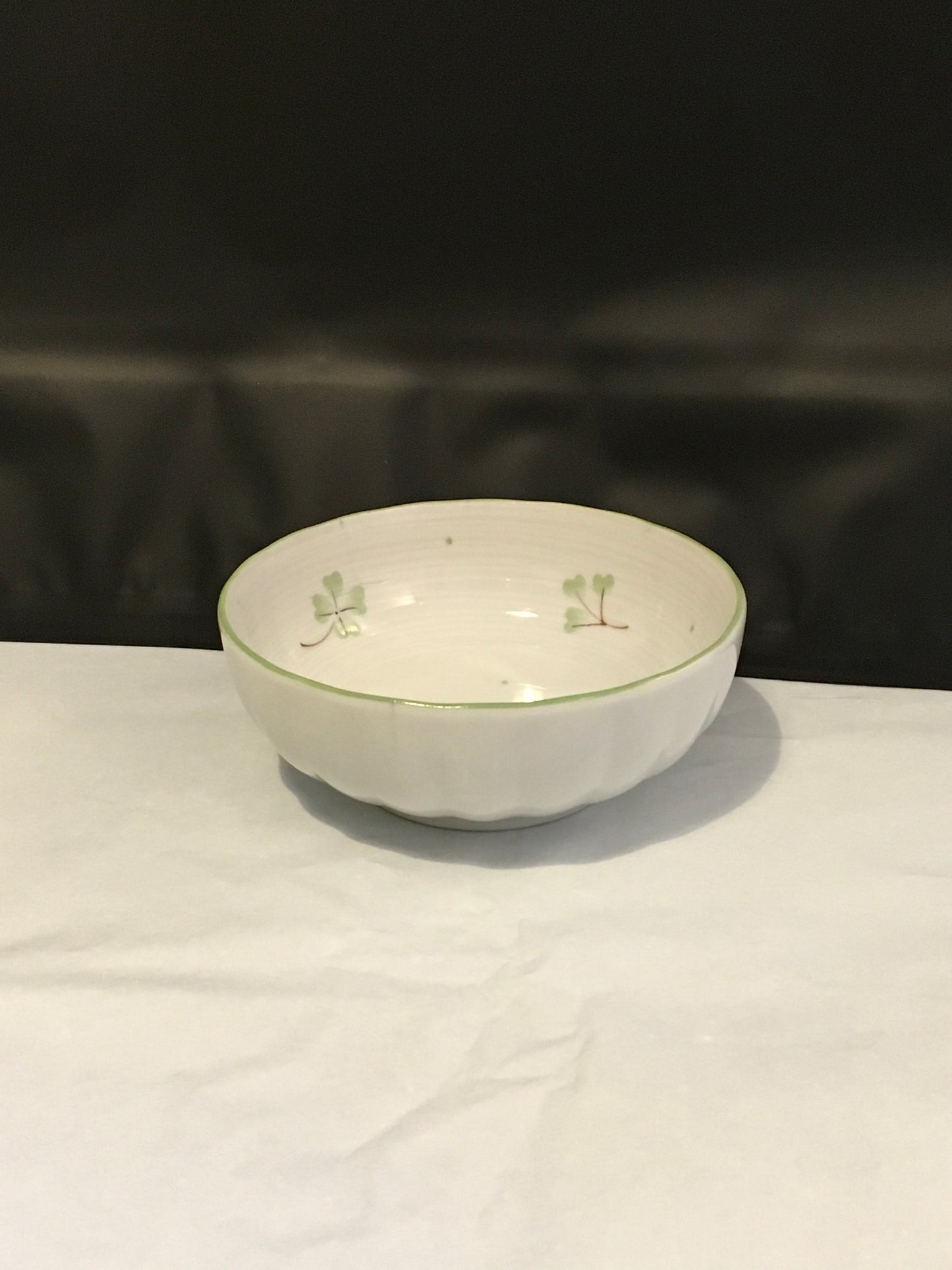 Preloved Japanese Ceramic White Round Bowl with Green and Plant Design