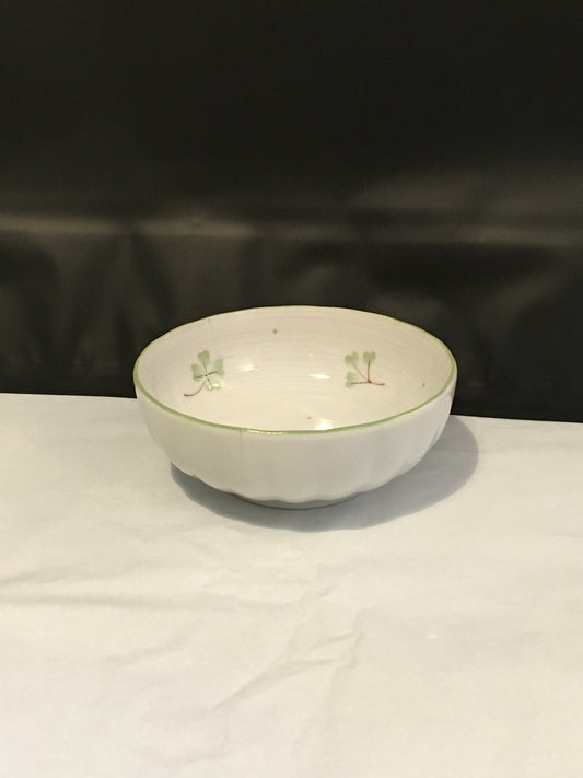 Preloved Japanese Ceramic White Round Bowl with Green and Plant Design